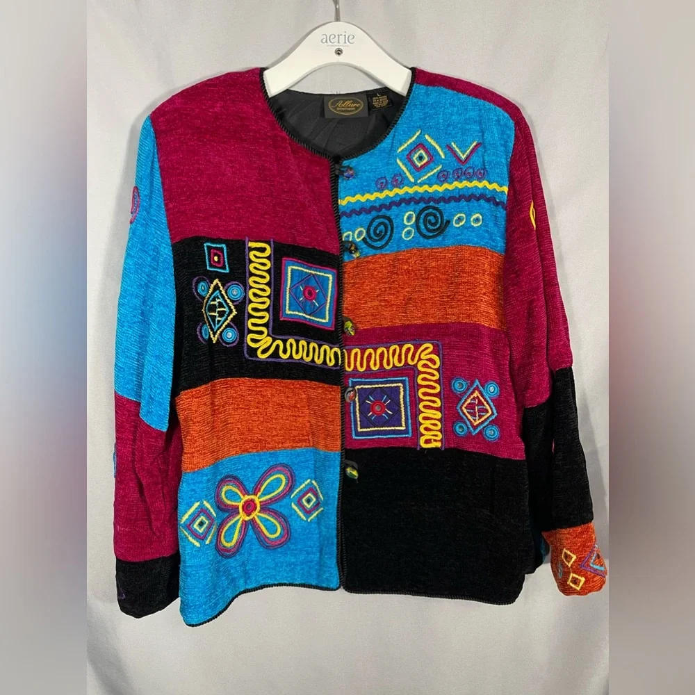 Allure Boutique Vintage Women's Novelty Art Wear Button Front Bold Sweater Sz L - Picture 9 of 10